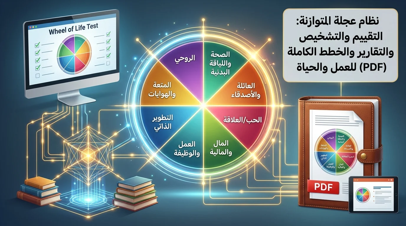 رسم بياني تفاعلي لنظام عجلة الحياة المتوازنة يوضح جوانب الحياة الثمانية، واختباراً رقمياً ومجلد تقارير PDF مستخرجة، مع خلفية مكتبة